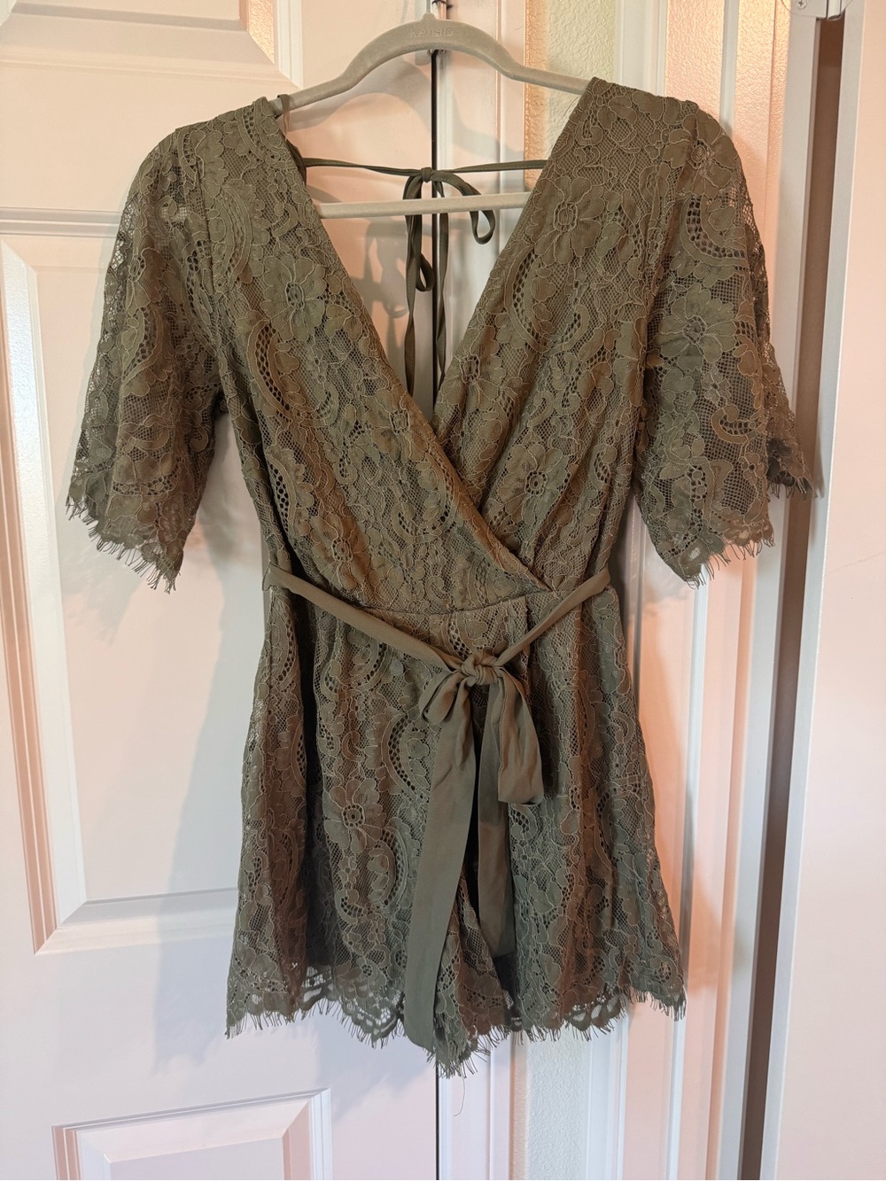 Lace Wrap Romper in Olive Green